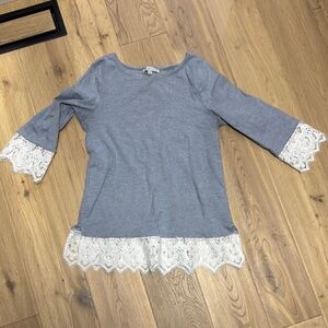 Cleo Lace Trim Gray 3/4 Sleeve Blouse